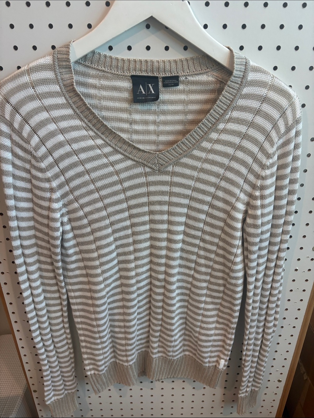 A|X Armani Exchange Taupe and White Striped V-Neck Sweater